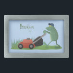 Cartoon Rechteckige Gürtelschnalle<br><div class="desc">Ein lustiger grüner Frosch,  der den Rasen im albernen Cartoon-Stil mäht.</div>