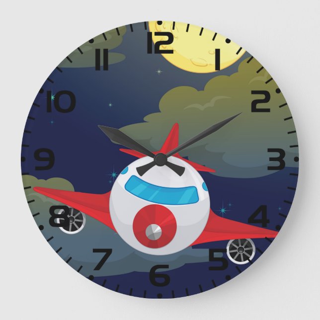 Cartoon Red Airplane Flying In Night Sky Große Wanduhr (Vorderseite)