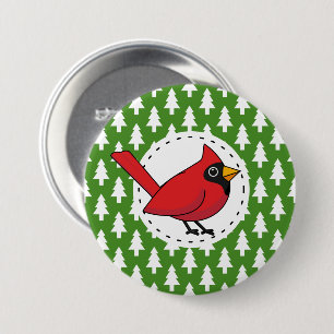 Cartoon Red Kardinal auf Green White Pines Muster Button