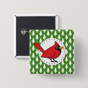Cartoon Red Kardinal auf Green White Pines Muster Button