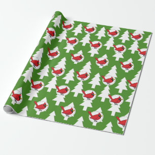 Cartoon Red Kardinal auf Green White Pines Muster Geschenkpapier