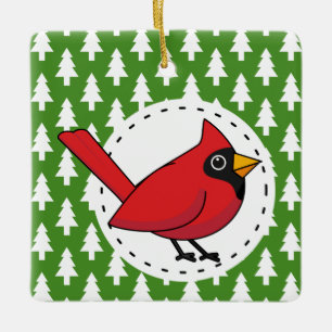 Cartoon Red Kardinal auf Green White Pines Muster Keramikornament