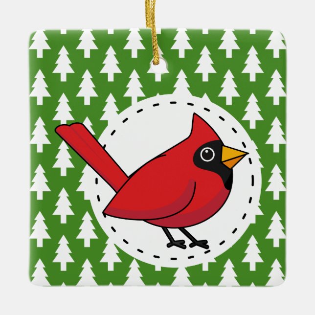 Cartoon Red Kardinal auf Green White Pines Muster Keramikornament (Vorderseite)