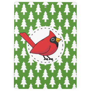 Cartoon Red Kardinal auf Green White Pines Muster Klemmbrett