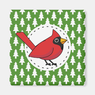 Cartoon Red Kardinal auf Green White Pines Muster Magnet