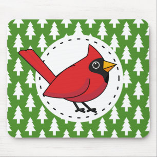 Cartoon Red Kardinal auf Green White Pines Muster Mousepad