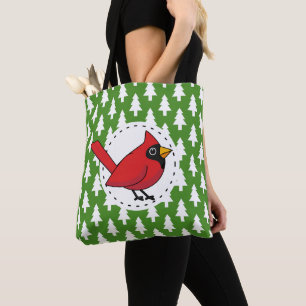 Cartoon Red Kardinal auf Green White Pines Muster Tasche