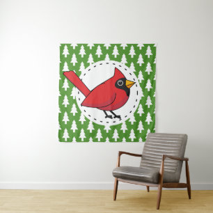 Cartoon Red Kardinal auf Green White Pines Muster Wandteppich