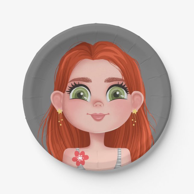 Cartoon Redhead Girl zum Geburtstag Pappteller (Vorderseite)