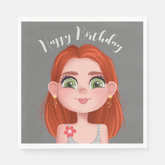 Cartoon Redhead Girl zum Geburtstag Serviette (Vorderseite)