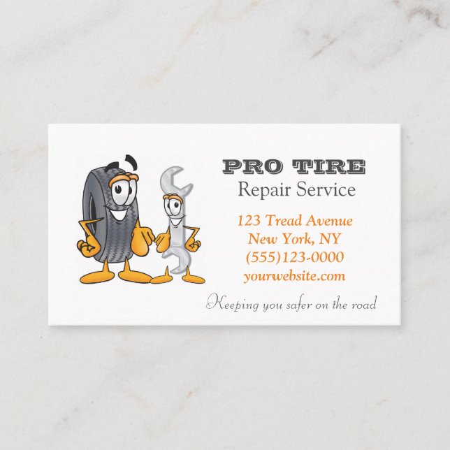 Cartoon Reifendesign Auto Reparaturservice Visitenkarte (Vorderseite)