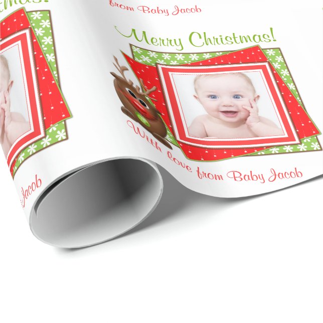 Cartoon Reindeer Baby Foto Personalisiert Weihnach Geschenkpapier (Rolleneckpunkt)