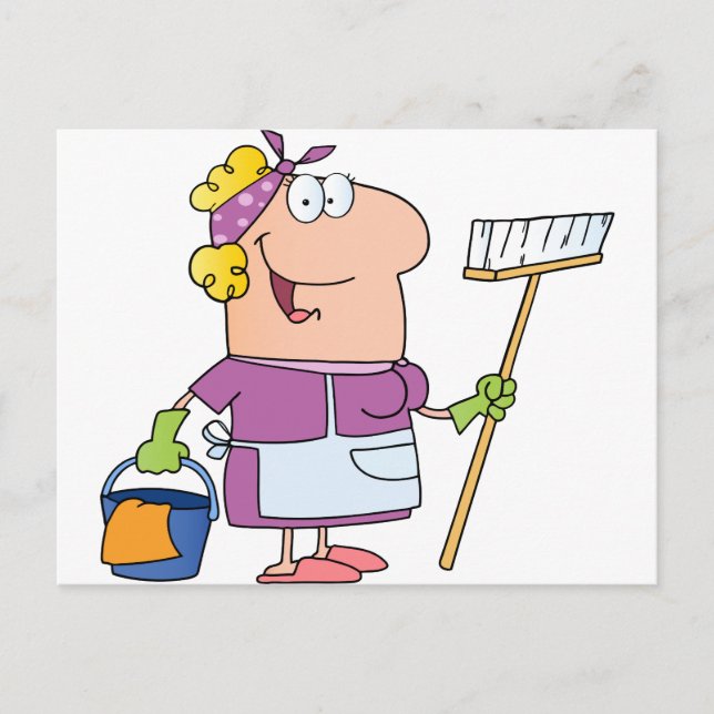 Cartoon Reinigungsdame Postkarte (Vorderseite)