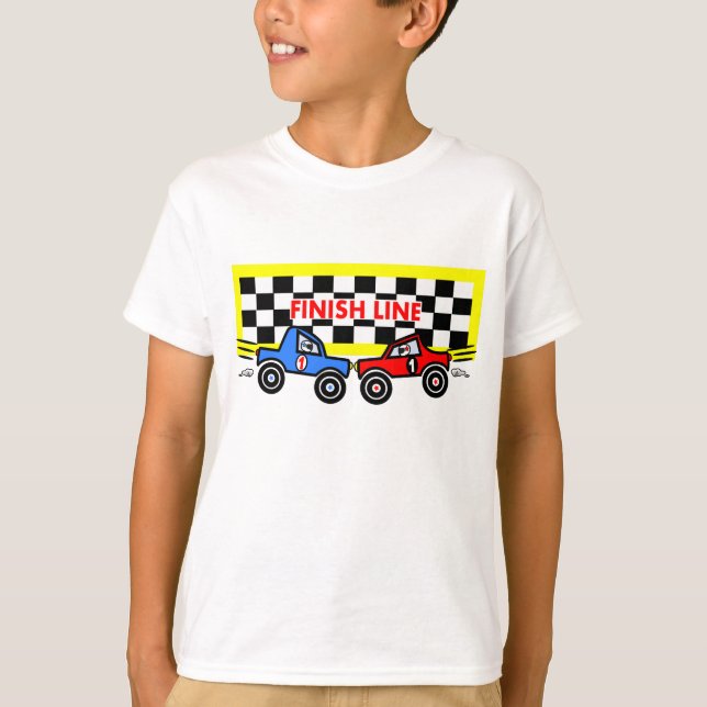 Cartoon-Rennen-Autos an der Endlinie T-Shirt (Vorderseite)