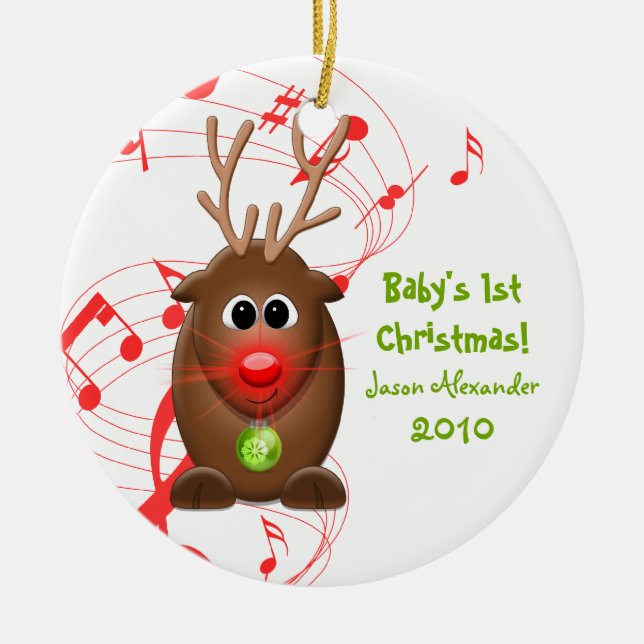 Cartoon Rentier Babys Erste Weihnachtsfeier Keramikornament (Vorne)