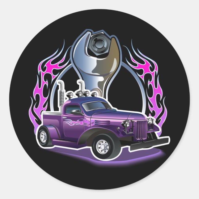 Cartoon Retro-frisierte Auto Runder Aufkleber (Vorderseite)