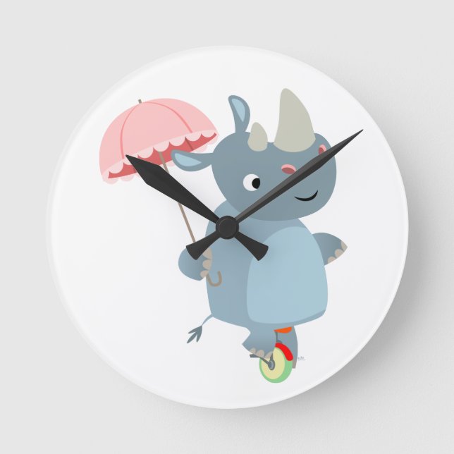 Cartoon Rhino mit Regenschirm auf Einrad-Uhr Runde Wanduhr (Vorderseite)