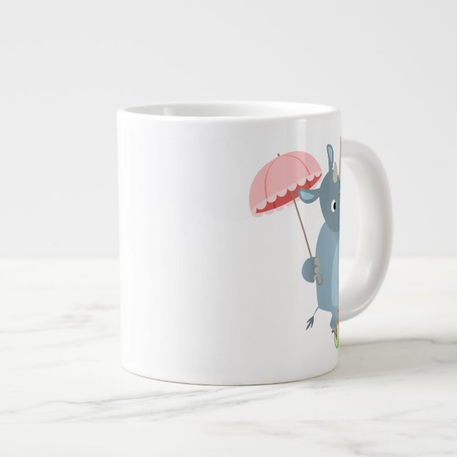 Cartoon Rhino mit Schirm auf Einrad Jumbo Tasse (Vorderseite Rechts)