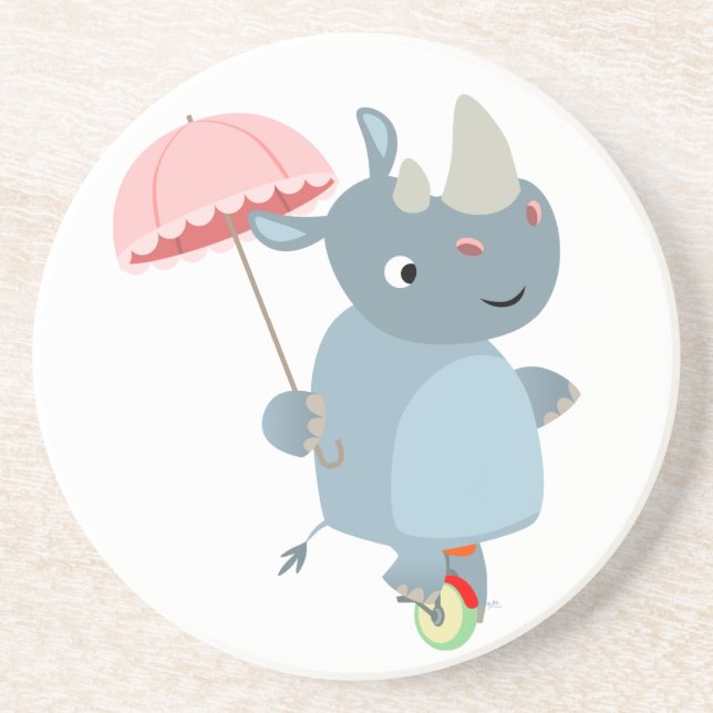 Cartoon Rhino mit Schirm auf Einrad Untersetzer (Vorne)