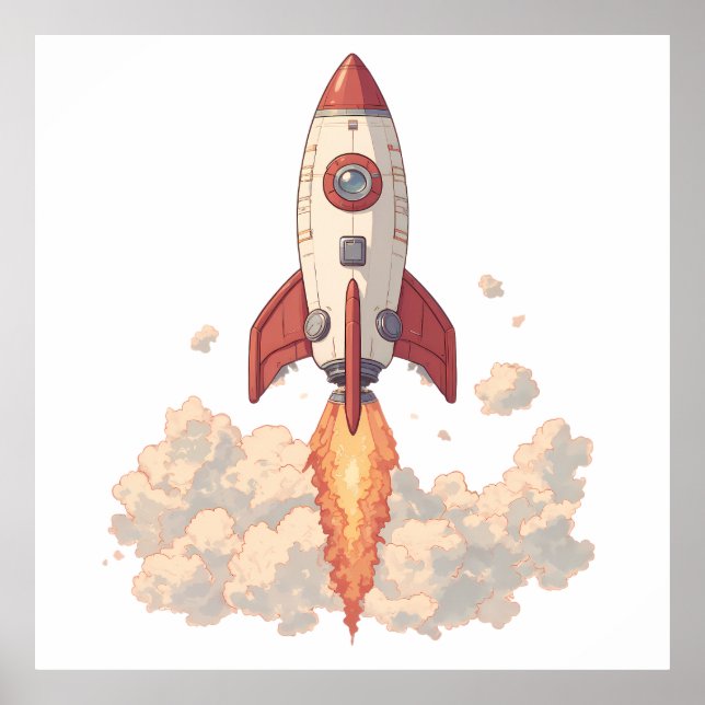 Cartoon Rocket Launching with Fiery Exhaust Poster (Vorne)