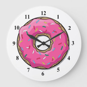 Cartoon-rosa Krapfen mit besprüht Große Wanduhr