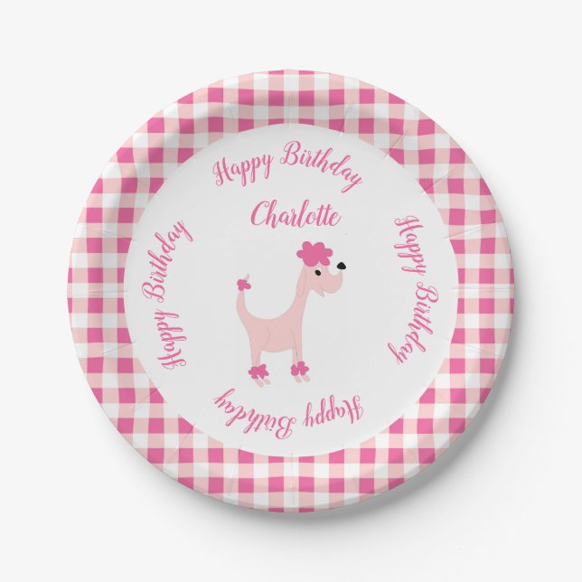 Cartoon rosa Poodle Posh Paws Gingham Geburtstag Pappteller (Vorderseite)