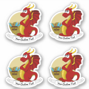 Cartoon Roter Drache mit Schatz und Textaufkleber Aufkleber