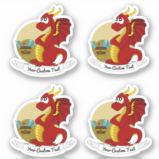 Cartoon Roter Drache mit Schatz und Textaufkleber Aufkleber (Vorderseite)