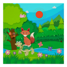 Cartoon rund um einen Teich in grüner Landschaft Poster