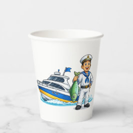 Cartoon Sailor with Yacht and Fish Nautical Art Pappbecher