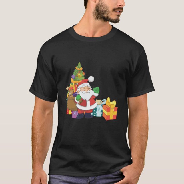 Cartoon Santa Christmas Szene T-Shirt (Vorderseite)