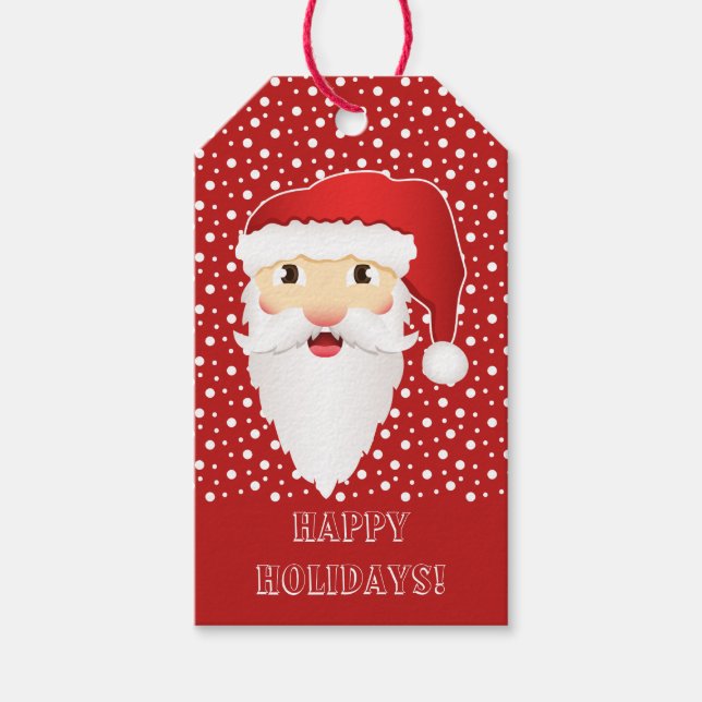 Cartoon Santa Claus Head & Happy Holidays Roter Te Geschenkanhänger (Vorderseite)