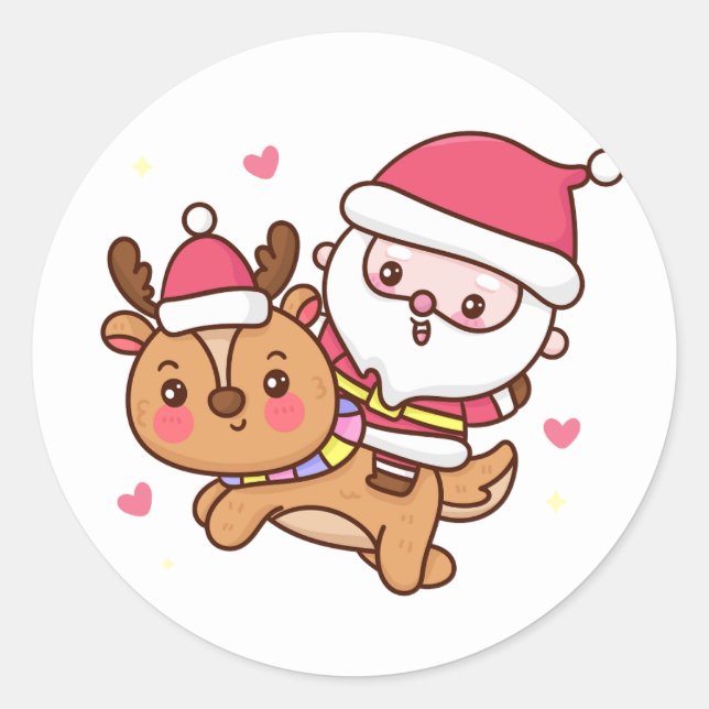 Cartoon Santa Claus Rentiere reiten Runder Aufkleber (Vorderseite)
