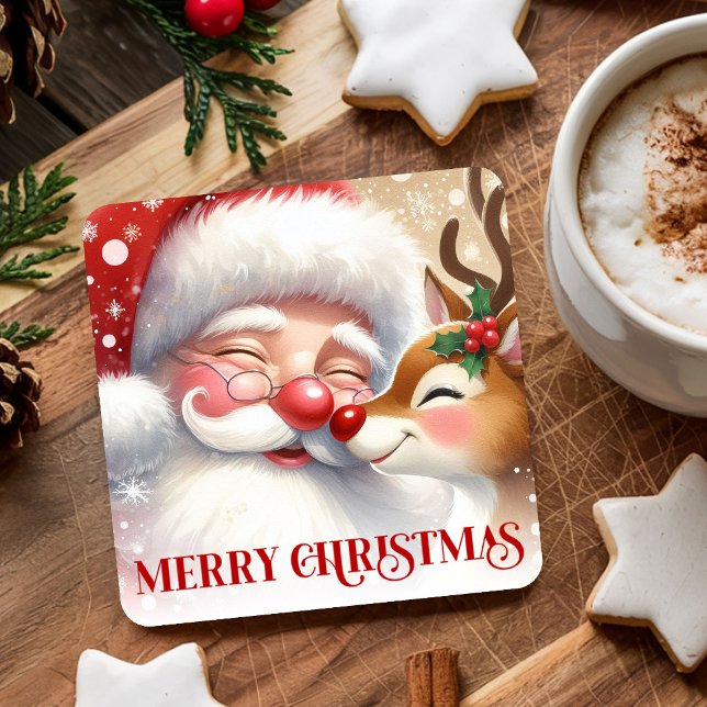 Cartoon Santa Claus Rudolph Holiday Drink Coasters Rechteckiger Pappuntersetzer (Cartoon Santa Claus Rudolph Holiday Drink Coasters)