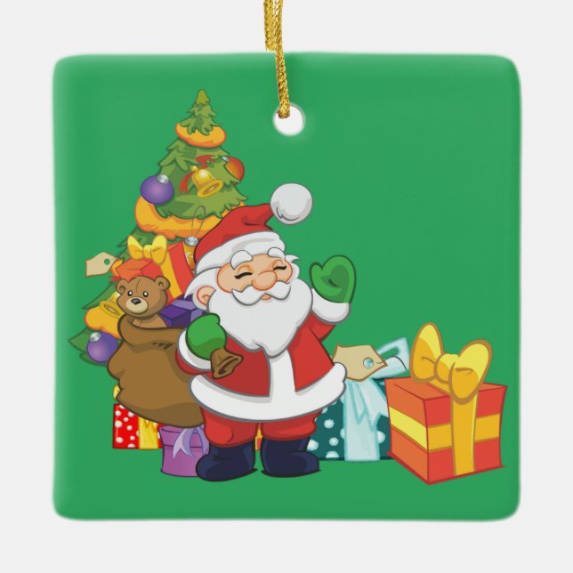 Cartoon Santa mit Weihnachtsbaum und Veranstaltung Keramikornament (Vorderseite)
