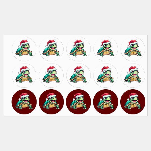 Cartoon Schildkröte, lachen, mit Weihnachtsmannmüt Etiketten (Blatt)