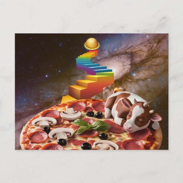 Cartoon Schlafende Kuh auf Pizza Postkarte (Vorderseite)