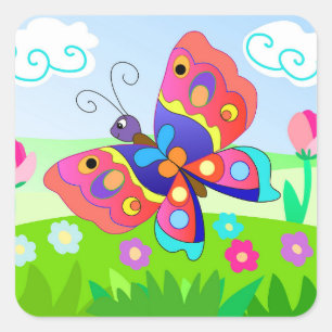 Cartoon Schmetterlinge und Blume Quadratischer Aufkleber