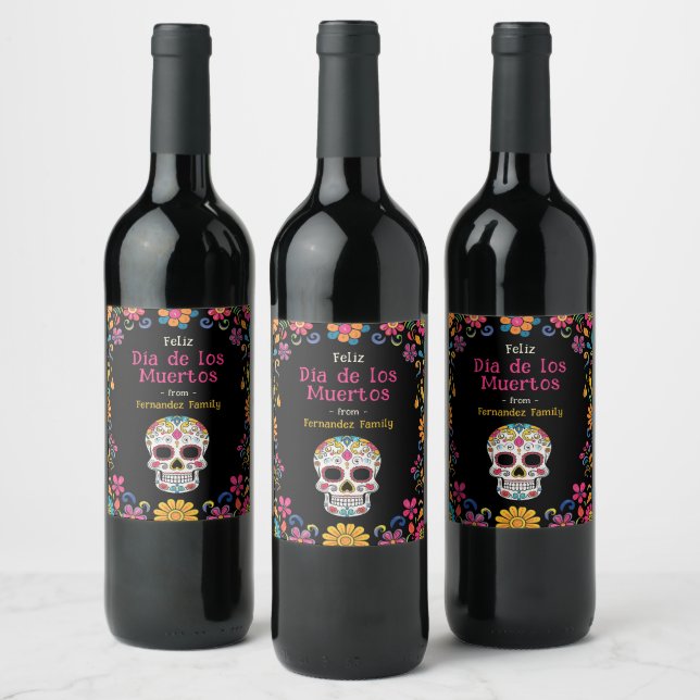 💀 🎉 Cartoon schwarz Día de Muertos Party Weinetikett (Flaschen)