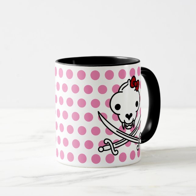 Cartoon Schwarz-weiß Jolly Kitty Pirate Skull Bone Tasse (VorderseiteRechts)