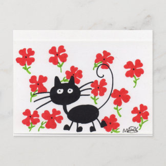 Cartoon Schwarze Katze und rote Blume Postkarte