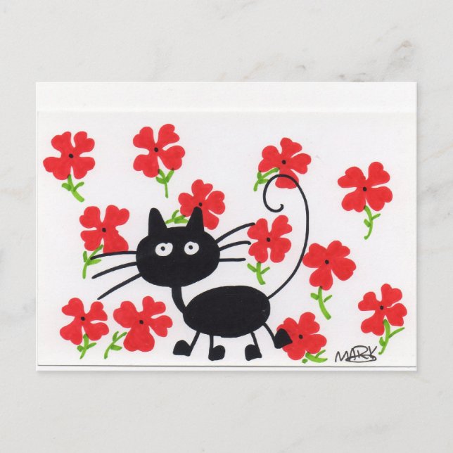 Cartoon Schwarze Katze und rote Blume Postkarte (Vorderseite)