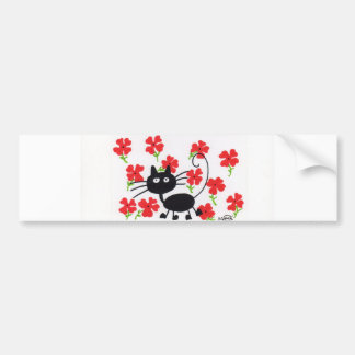 Cartoon-schwarze Katze und rote Blumen Autoaufkleber