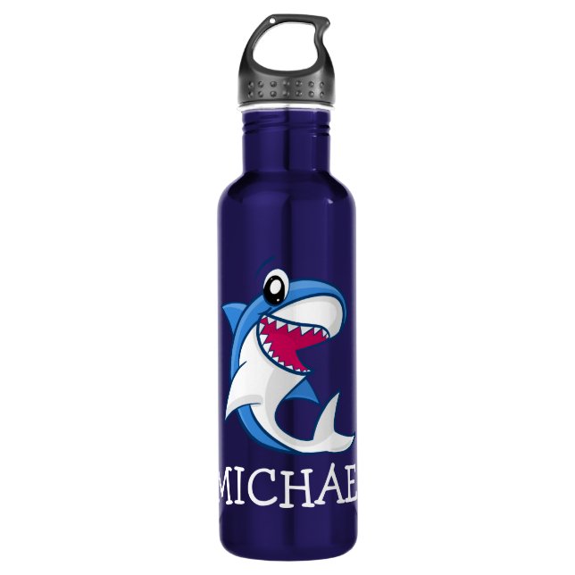 Cartoon Sea Life Blue Shark Name Fun Kinder Marine Edelstahlflasche (Vorderseite)