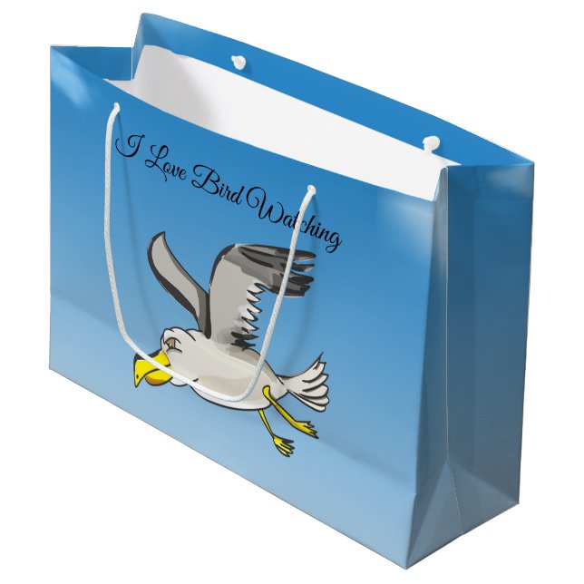 Cartoon-Seagull über Kopf mit blauem Himmel fliege Große Geschenktüte (Vorderseite Schrägansicht)