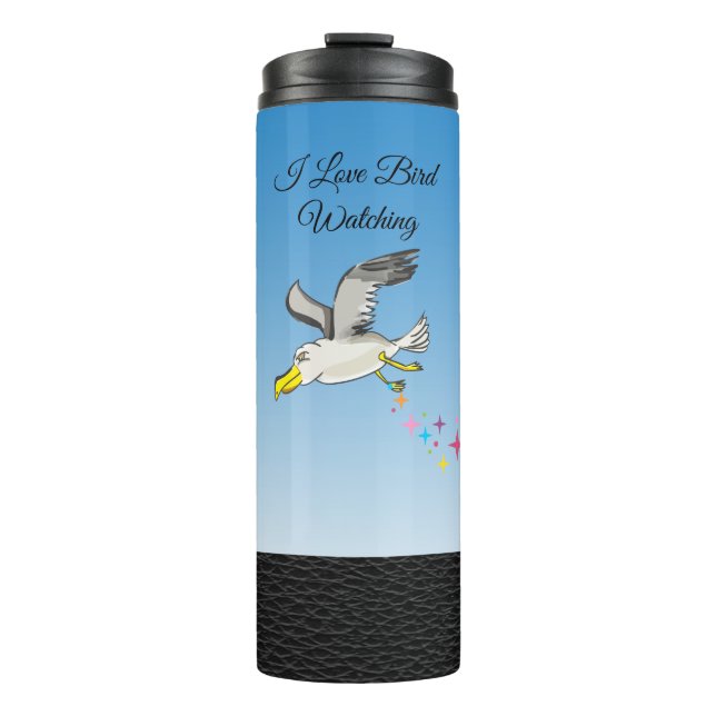 Cartoon Seagull über Kopf mit blauem Himmel Thermosbecher (Vorderseite)