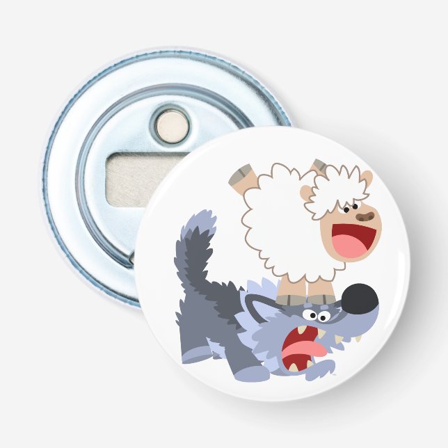 Cartoon Sheep & Wolf Button Bottle Opener Flaschenöffner (Vorderseite)