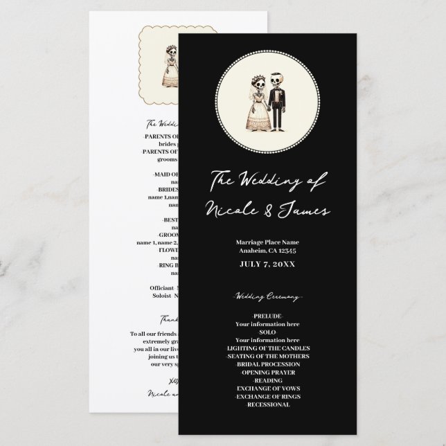 Cartoon Skeleton Bride + Groom Wedding Menu Programm (Vorne/Hinten)