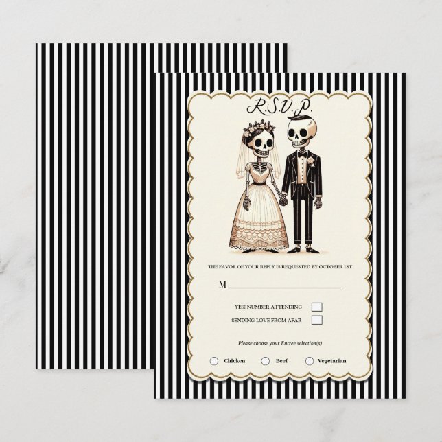 Cartoon Skeleton Bride + Groom Wedding RSVP Einladung (Vorne/Hinten)