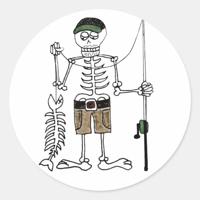 Cartoon Skeleton Fisherman mit Skelettfisch Runder Aufkleber (Vorderseite)